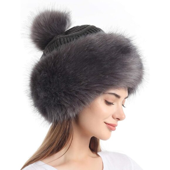 Women's Dark Grey High-quality faux fur and acrylic Pompom Ski Snow Cap - Picture 1 of 5